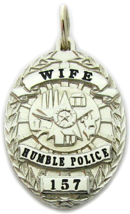 Humble, Texas TX Police Officer custom badge charm pendant in 10k white gold, Officer's Wife police badge charm pendant