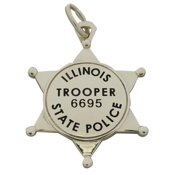 Custom Illinois State Police Trooper badge pendant in 14k white gold with black enamel.