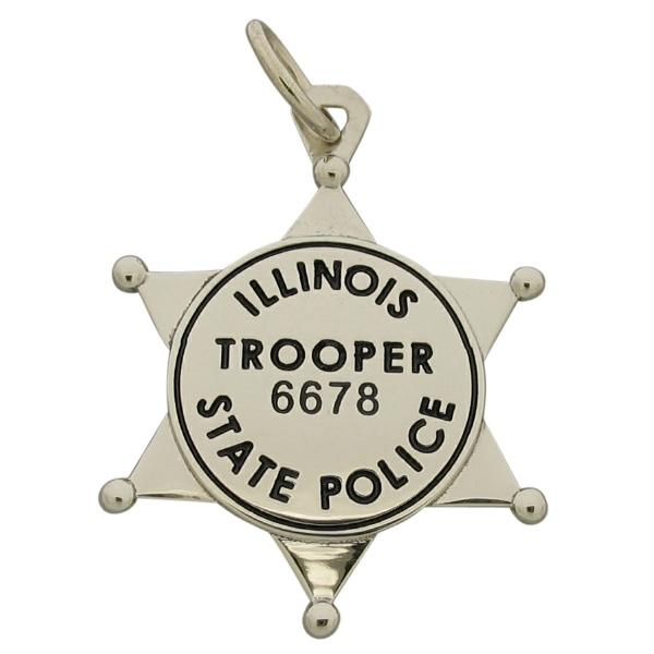 Custom Illinois State Police Trooper badge pendant in 14k white gold with black enamel.