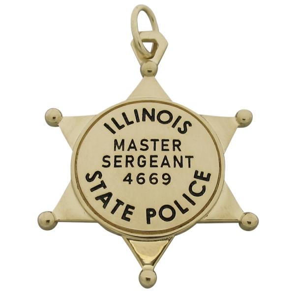 Custom Illinois State Police Master Sergeant badge pendant in 14k yellow gold with black enamel.