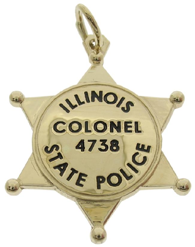 Custom Illinois State Police Colonel badge pendant in 14k yellow gold with black enamel.