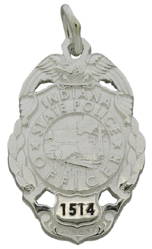 Custom Indiana State Police Officer badge pendant in sterling silver with black enamel and raised letter text.
