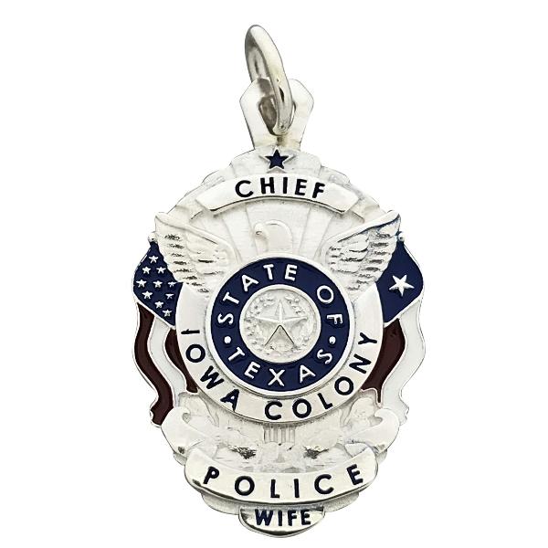 Custom Iowa Colony TX Police Chief badge pendant in sterling silver with red, white, and blue enamel.