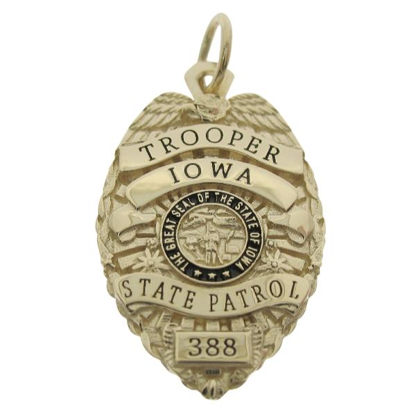 Custom Iowa State Patrol Trooper badge pendant in 14k yellow gold with black enamel.