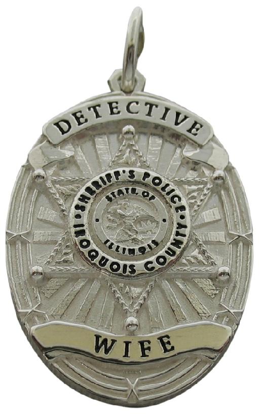 Custom Iroquois County IL Sheriff Detective badge pendant in sterling silver with black enamel.