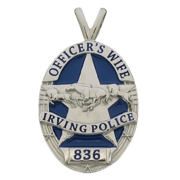 Custom Irving TX Police Officer badge pendant in 10k white gold with blue enamel.