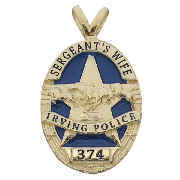 Custom Irving TX Police Sergeant badge pendant in 14k yellow gold with optional 'Y' bail and blue enamel background and lettering.