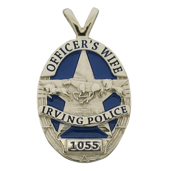 Custom Irving TX Police Officer badge pendant in 14k yellow gold with blue enamel and optional 'Y' bail.