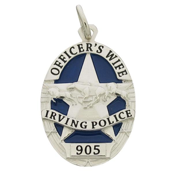 Custom Irving TX Police Officer badge pendant in sterling silver with blue and black enamel.
