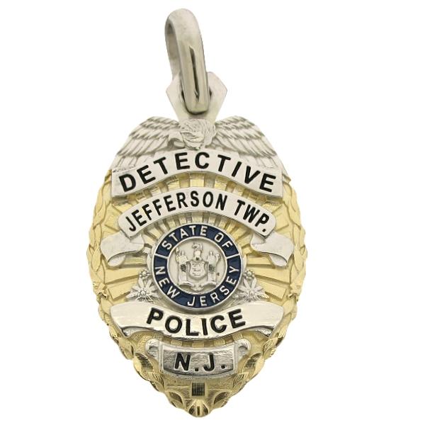Custom Jefferson Township NJ Police Detective badge pendant in sterling silver with gold plated two tone finish and black enamel.