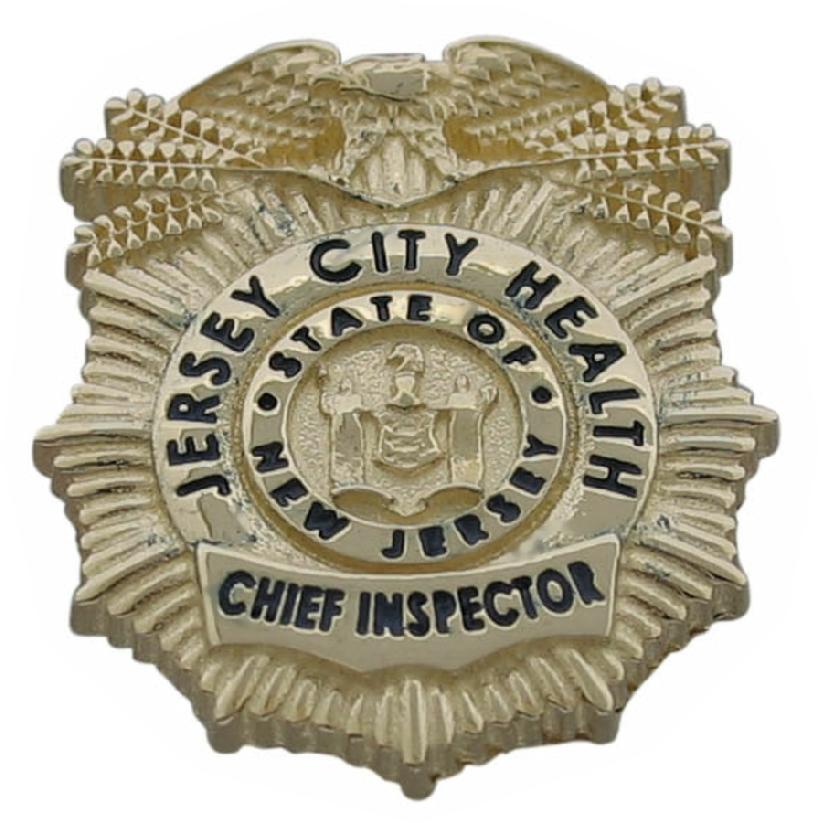 Custom Jersey City, NJ Health Department Chief Inspector badge lapel pin in 14k gold with blue enamel text.