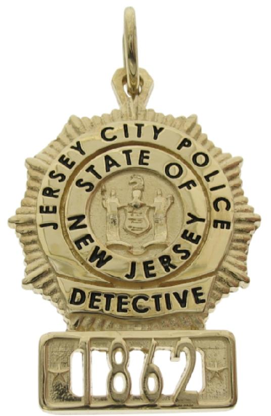 Custom Jersey City NJ Police Detective badge pendant in 14k yellow gold with black enamel.