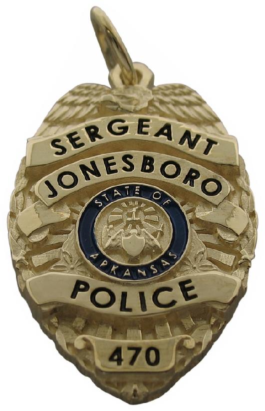 Custom Jonesboro AR Police Sergeant badge pendant in 10k yellow gold with black enamel.
