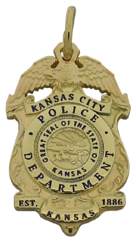 Custom Kansas City (KS) Police Officer memorial badge pendant in sterling silver with gold plated finish and black enamel text.