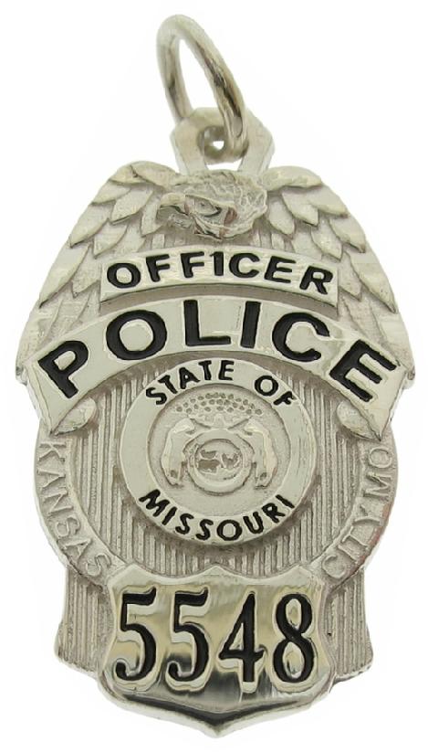 Custom Kansas City MO Police Officer badge pendant in sterling silver with black enamel.