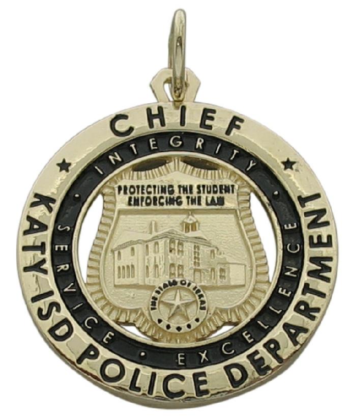Custom Katy, TX ISD Police Chief badge pendant in 14k yellow gold with black enamel text and background.