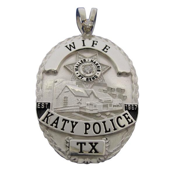 Custom Katy TX Police Officer badge pendant in sterling silver with optional 'Y' bail with 0.05 ct. round brilliant diamond, and black enamel.