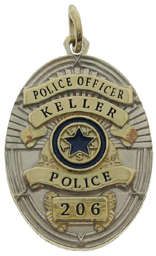 Custom Keller TX Police Officer badge pendant in 10k yellow gold with rhodium plated two tone finish, black enamel text, and blue enamel center seal highlights.