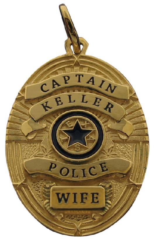 Custom Keller TX Police Captain badge pendant in 10k yellow gold with black enamel text and blue enamel center seal highlights.
