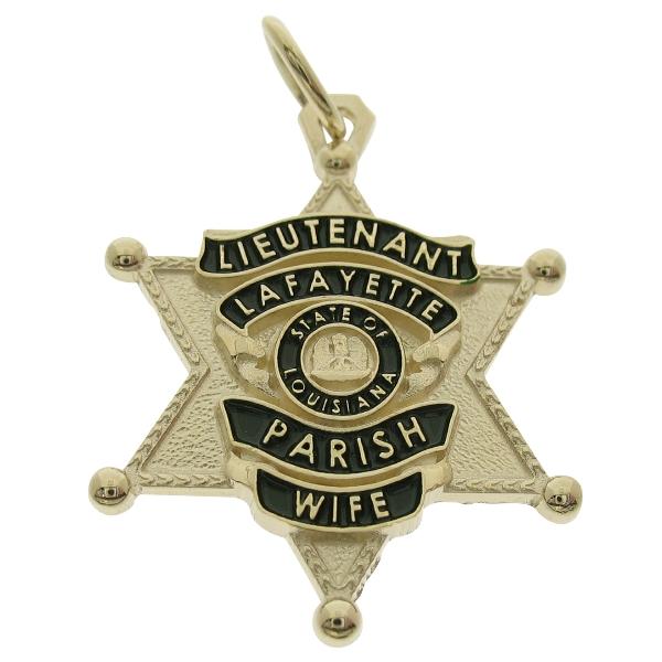 Custom Lafayette LA Parish Sheriff Lieutenant's Wife badge pendant in 10k yellow gold with enamel.