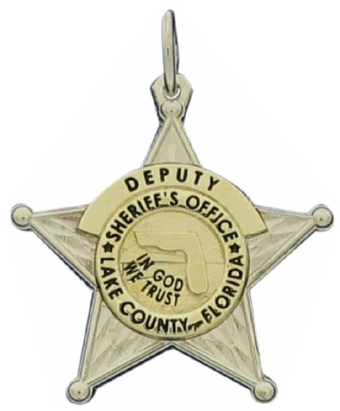 Custom Lake County FL Sheriff Deputy badge pendant in 18k yellow and white gold with black enamel.