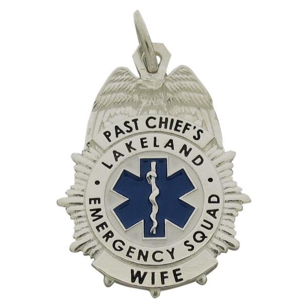 Custom Lakeland NJ Emergency Squad Chief badge pendant in sterling silver with blue and black enamel.
