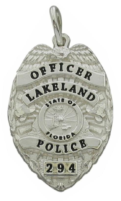 Custom Lakeland, FL Police Officer badge pendant in sterling silver with black enamel text.