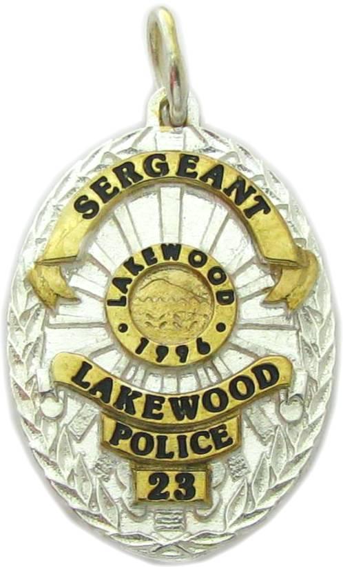 Lakewood, Washington WA Police Sergeant custom badge charm pendant in sterling silver with gold plated ribbons and center detail