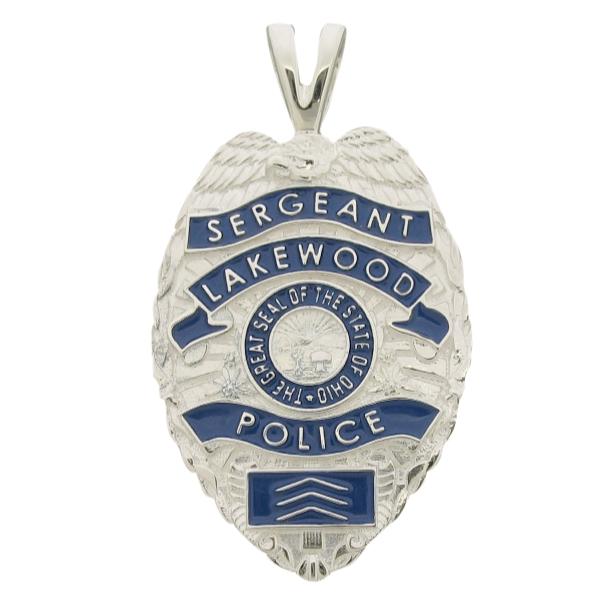 Custom Lakewood OH Police Sergeant badge pendant in sterling silver with blue enamel.