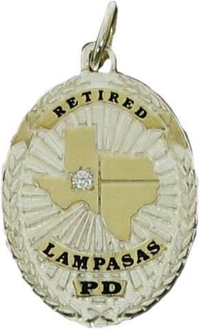 Lampasas, Texas TX Police Retired custom badge charm pendant in sterling silver with gold plated ribbons and center detail, round brilliant diamond