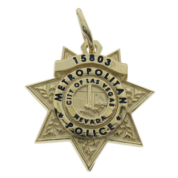 Custom Las Vegas NV Metropolitan Police Officer badge pendant in 10k yellow gold with black enamel.