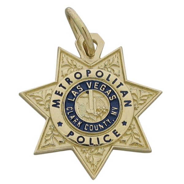 Custom Las Vegas Metropolitan Police Officer badge pendant in 14k yellow gold with blue enamel.