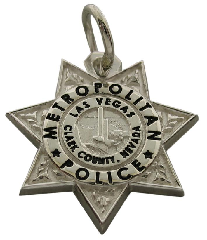Custom Las Vegas Metropolitan Police Officer badge charm in sterling silver with black enamel.
