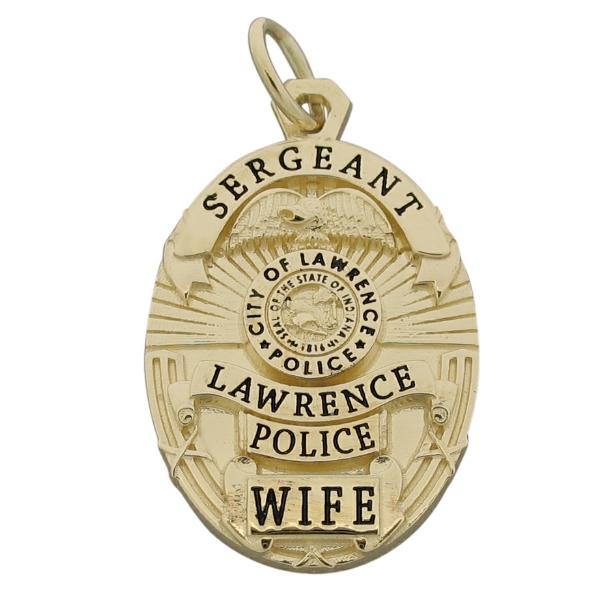 Custom Lawrence IN Police Sergeant's badge pendant in 14k yellow gold with black enamel.