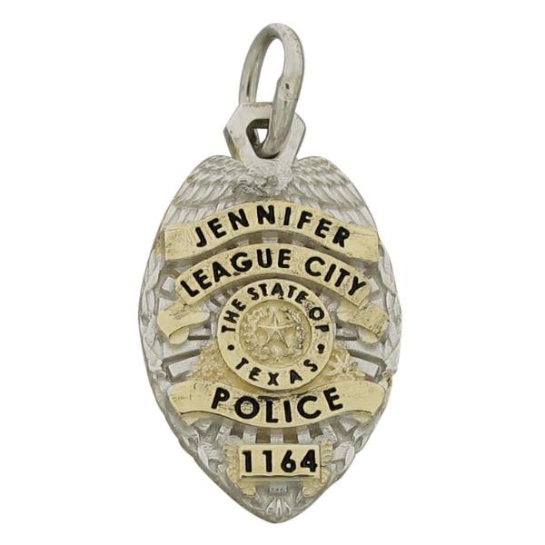 Custom League City TX Police Officer badge pendant in 10k yellow gold with rhodium plated two tone finish and black enamel.