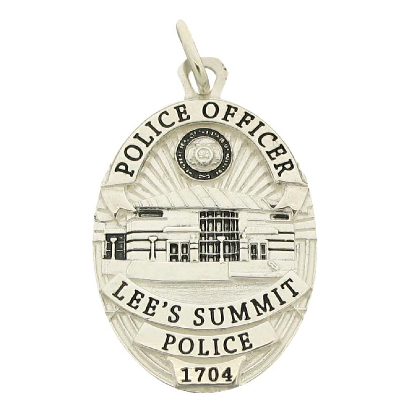 Custom Lee's Summit MO Police Officer badge pendant in sterling silver with black enamel text and antique highlights.