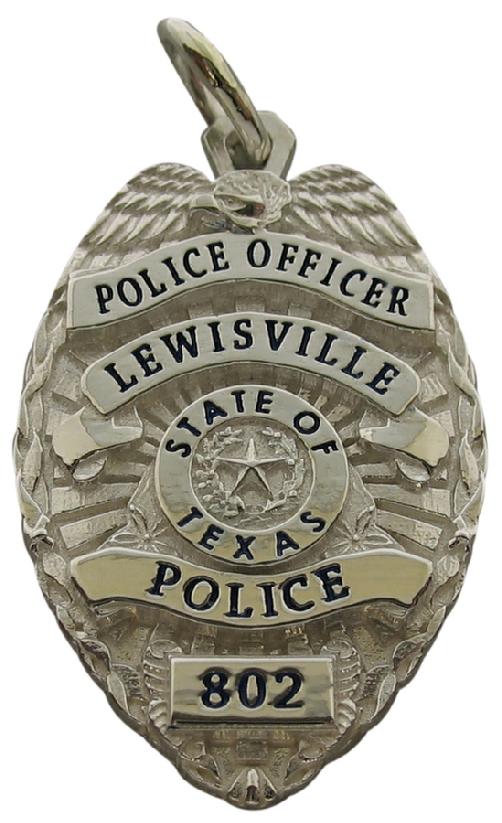 Custom Lewisville TX Police Officer badge pendant in sterling silver with black enamel text.