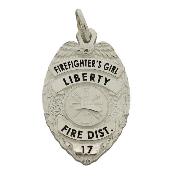 Custom Liberty CA Fire District Firefighter badge pendant in sterling silver with black enamel.