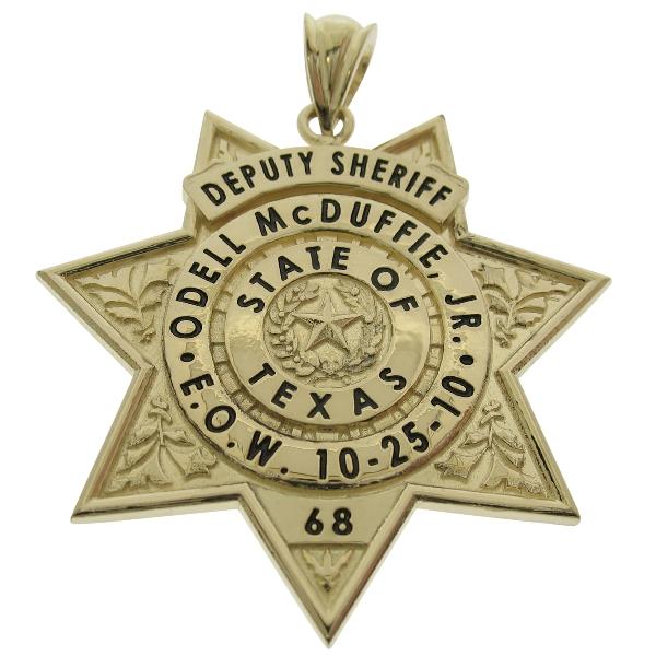 Custom Liberty County TX Sheriff Deputy badge memorial pendant in 10k yellow gold with black enamel and an optional #1583 pendant bail.