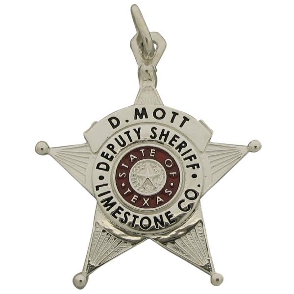 Custom Limestone County TX Sheriff Deputy memorial badge pendant in sterling silver with red and black enamel.