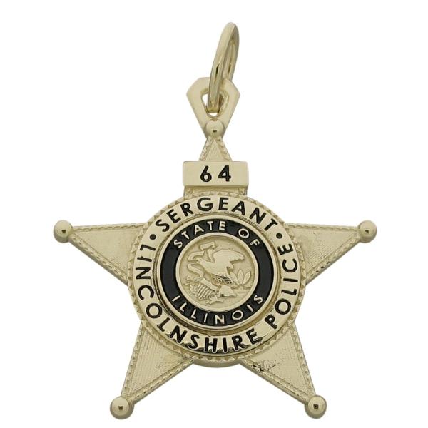 Custom Lincolnshire IL Police Sergeant badge pendant in 10k yellow gold with black enamel.