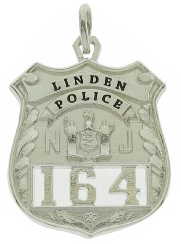 Custom Linden, NJ Police badge pendant in sterling silver with black enamel.