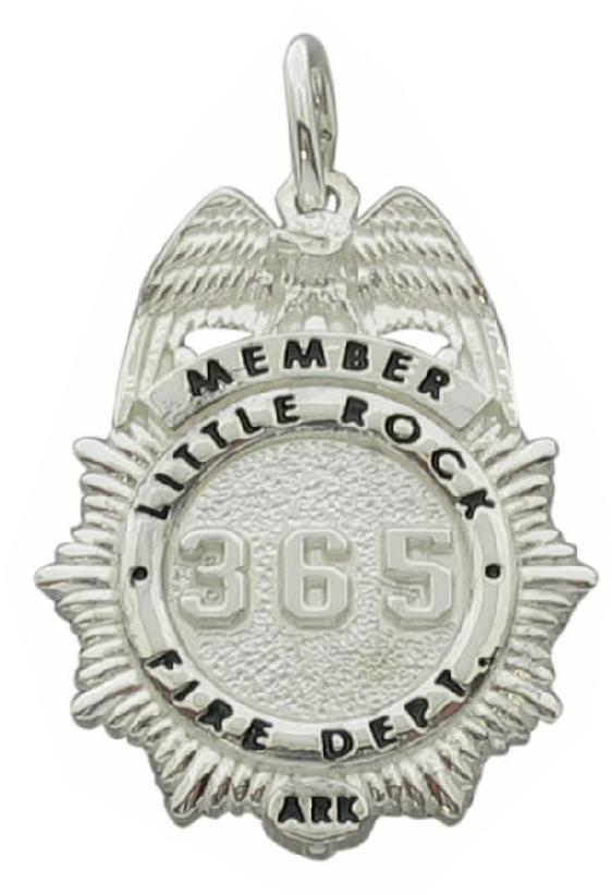 Custom Little Rock, AR Fire Department badge pendant in sterling silver with black enamel.
