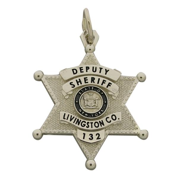 Custom Livingston NY Sheriff Deputy badge pendant in 10k white gold with black enamel.
