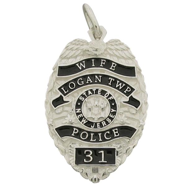 Custom Logan Twp. NJ Police Officer badge pendant in sterling silver with black enamel.