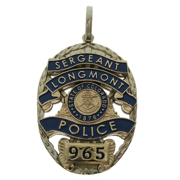 Custom Longmont CO Police Sergeant badge pendant in 14k yellow and white gold with blue enamel and a custom bail.