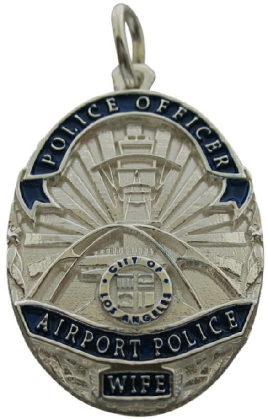 Custom Los Angeles, CA Airport Police badge pendant in sterling silver with blue enamel.