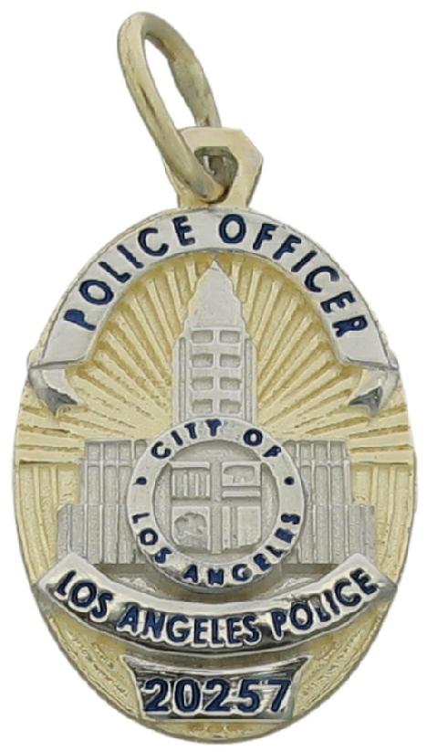 Custom Los Angeles, CA Police Officer badge pendant in 10k yellow gold with rhodium plated highlights and black enamel.