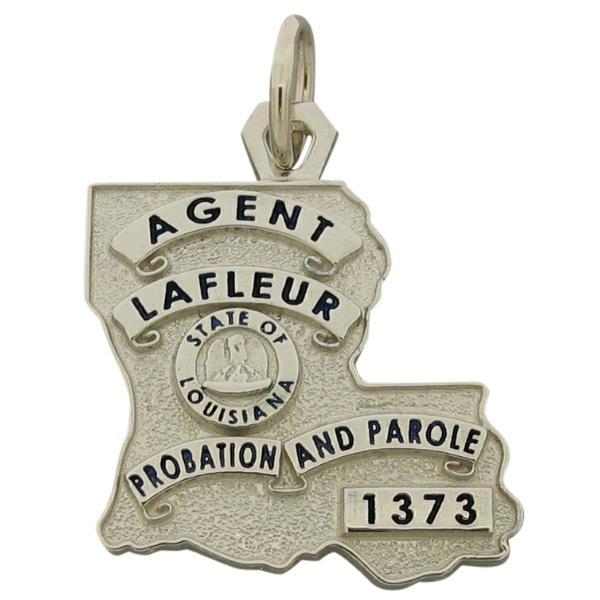 Custom Louisiana Probation & Parole Officer badge pendant in 10k white gold with black enamel.