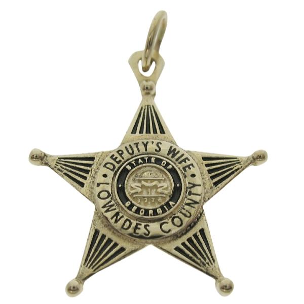 Custom Lowndes County GA Sheriff's Deputy badge pendant in 10k yellow gold with black enamel.